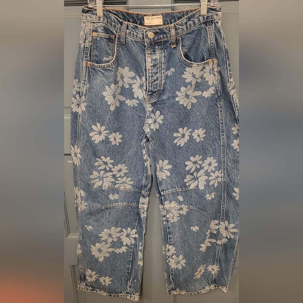 We The Free- Free People Floral Good Luck Barrel Jeans Laser Daisy Size 27